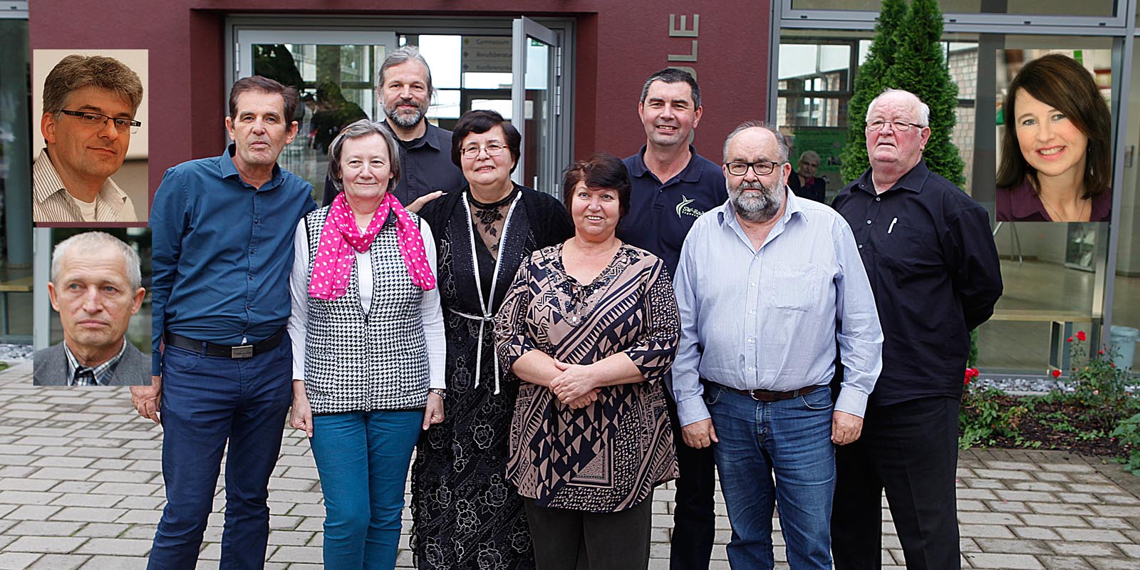 Dee Veastaund (v.l.n.r.): Peter Wiens, Anatoli Dück (u.), Horst Martens, Dr. Katharina Neufeld, Heinrich Siemens, Agnes Gossen, Tatjana Klassner, Viktor Sawatzky, Eduard Thun und Franz Thiessen.